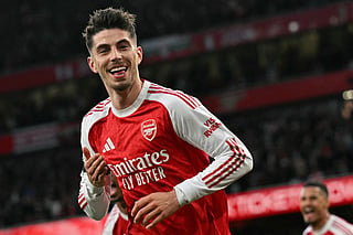 Arsenal's German midfielder #29 Kai Havertz celebrates scoring the opening goal during the English Premier League football match between Arsenal and Burnley at the Emirates Stadium in London on May 18, 2026.