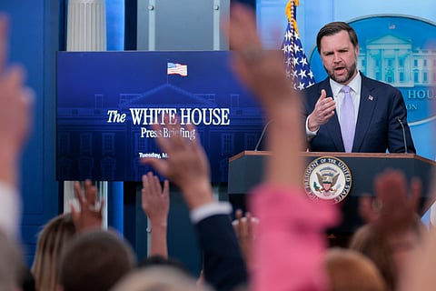 Vice President JD Vance takes questions from reporters during a press conference in the Brady Press Briefing Room at the White House on May 19, 2026 in Washington, DC. Vance held the briefing as White House Press Secretary Karoline Leavitt is away on maternity leave.