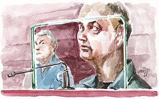 This court sketch on May 19, 2026 shows German Martin Ney, accused for kidnapping and murder of 10-year-old Jonathan Coulom who was disappeared in April 2004, in the courtroom on the first day of his trial in Nantes, western France.