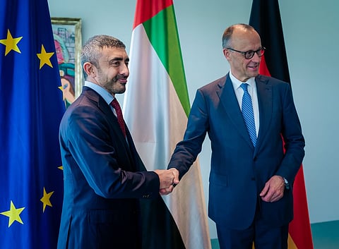 Sheikh Abdullah bin Zayed Al Nahyan, UAE Deputy Prime Minister and Minister of Foreign Affairs, with Friedrich Merz, Chancellor of the Federal Republic of Germany, in Berlin.
