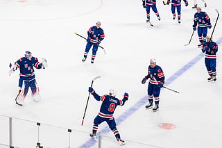 USA's forward #9 Ryan Leonard (Centre bottom) celebrates after winning the groupe A match between USA and Germany, at the IIHF Ice Hockey Men's World Championship at Swiss Life Arena, in Zurich, Switzerland, on May 20, 2026.