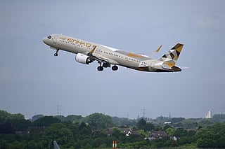 An Etihad Airways aircraft takes off at the airport in Duesseldorf, western Germany on May 21, 2026.