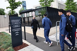 Three Iranian national football team players and members of their delegation arrive at the US Embassy in Ankara for their visa application ahead of the 2026 FIFA World Cup, on May 21, 2026.