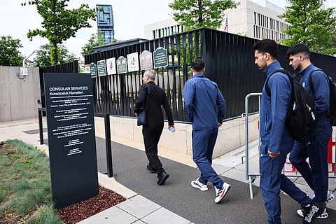Three Iranian national football team players and members of their delegation arrive at the US Embassy in Ankara for their visa application ahead of the 2026 FIFA World Cup, on May 21, 2026.