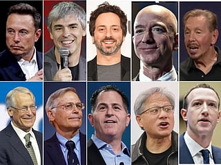 Clockwise from top left: Elon Musk, Larry Page, Sergey Brin, Jeff Bezos, Larry Ellison, Zuckerberg, Jensen Huang, Michael Dell, Jim Walton and Rob Walton.