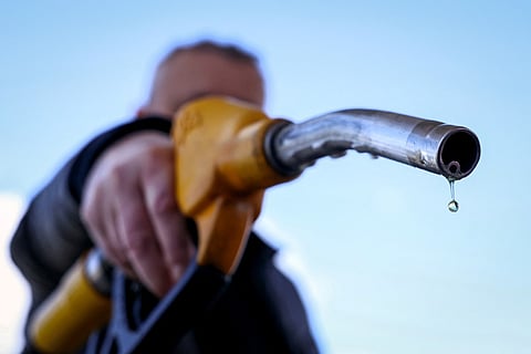 A drop of petrol falls from the nozzle of a petrol pump at a petrol station on March 9, 2026.