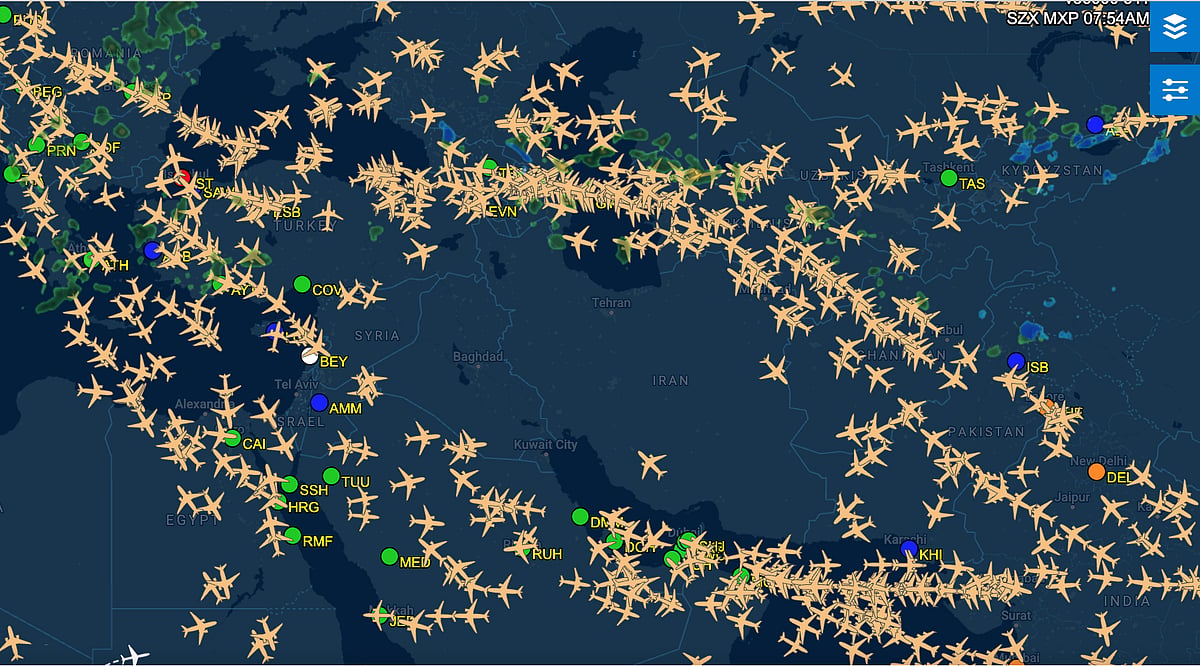 FlightAware data shows airlines rerouting flights around Iranian airspace and conflict-sensitive corridors near the Strait of Hormuz amid continuing regional tensions following the fragile US-Iran ceasefire.