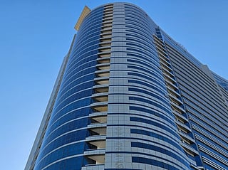 The high-rise residential building in Al Nahda area of Sharjah where the incident took place. According to eyewitnesses, the mother threw the daughter off their 15th floor balcony and jumped to her death. 