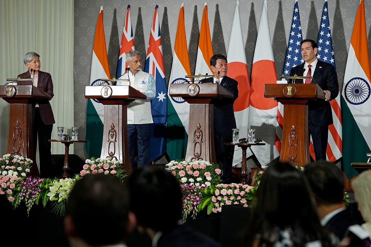 Australia’s Foreign Minister Penny Wong, India's Foreign Minister Subrahmanyam Jaishankar, Japan’s Foreign minister Toshimitsu Motegi and US Secretary of State Marco Rubio address a joint press conference after the Quad Foreign Ministers' meeting at the Hyderabad House in New Delhi on May 26, 2026.