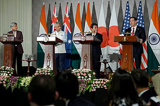 Australia’s Foreign Minister Penny Wong, India's Foreign Minister Subrahmanyam Jaishankar, Japan’s Foreign minister Toshimitsu Motegi and US Secretary of State Marco Rubio address a joint press conference after the Quad Foreign Ministers' meeting at the Hyderabad House in New Delhi on May 26, 2026.