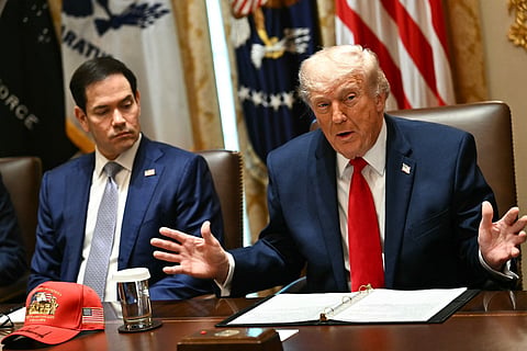 US President Donald Trump speaks alongside Secretary of state Marco Rubio during a cabinet meeting in the Cabinet Room of the White House in Washington, DC, on May 27, 2026.