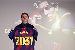 English player Anthony Gordon poses during his official presentation as new player of FC Barcelona at Palau Blaugrana Arena in Barcelona, on May 29, 2026.