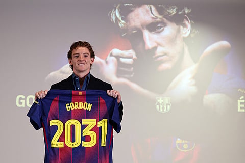 English player Anthony Gordon poses during his official presentation as new player of FC Barcelona at Palau Blaugrana Arena in Barcelona, on May 29, 2026.