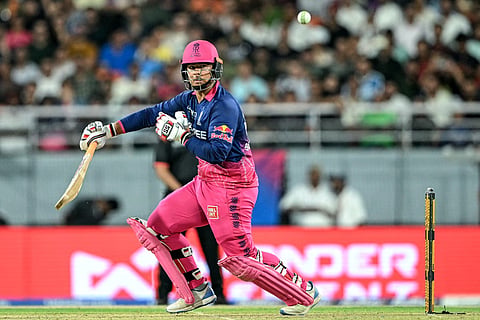 Rajasthan Royals' Indian cricket player Vaibhav Sooryavanshi watches the ball after playing a shot during the 2026 Indian Premier League (IPL) T20 Second Qualifier match between Rajasthan Royals and Gujarat Titans at the Maharaja Yadavindra Singh International Cricket Stadium on the outskirts of Chandigarh on May 29, 2026.