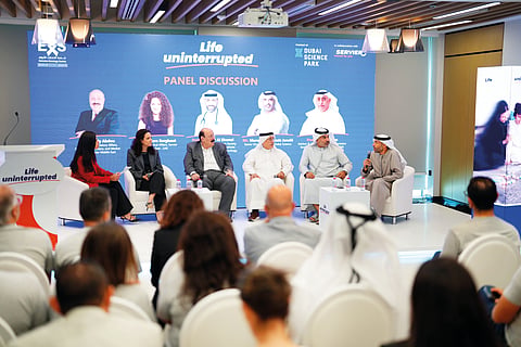 Tamara Barghout, Director of Medical Affairs, Servier Middle East (second from left);  Magdy Abdou, Director of Regulatory Affairs, Governmental Affairs, and Market Access, Servier Middle East; Dr Younis Qazzim, Director General Advisor, Acting CEO of Public Health, Dubai Health Authority (DHA); Marwan Abdulaziz Janahi, Senior Vice President of Dubai Science Park, part of TECOM Group; and Prof. Humaid Al Shamsi, President of EOS, CEO, Burjeel Cancer Institute and Adjunct Clinical Professor of Oncology, University of Sharjah, during the panel discussion at Dubai’s Science Park