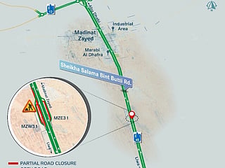 The right-hand lane in the direction of Liwa will be closed from 11pm on Monday, June 1, until 5am on Monday, June 15. 