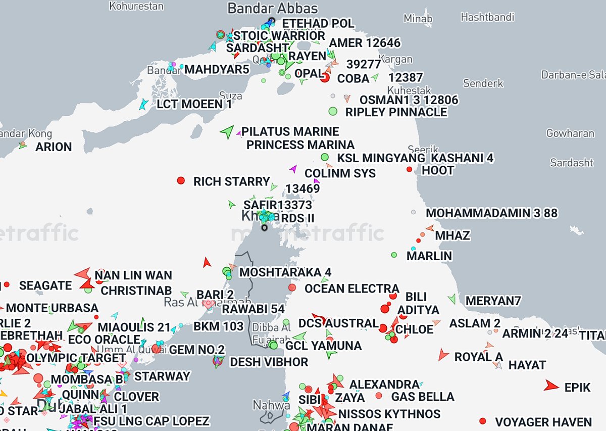 Ships in and around the Strait of Hormuz, between Iran and Oman, based on vessel tracker data from Marine Traffic, as of June 1, 2026