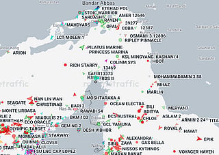 Ships in and around the Strait of Hormuz, between Iran and Oman, based on vessel tracker data from Marine Traffic, as of June 1, 2026
