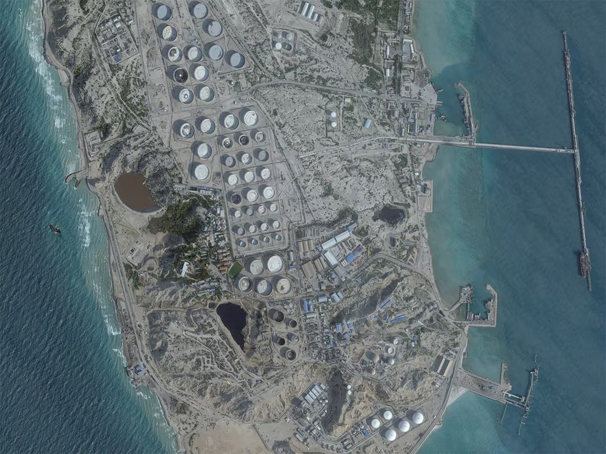 A satellite image shows an oil terminal at Kharg Island, Iran's key oil export facility. The 2026 US-Iran war has lasted for 111 days since it began on February 28, 2026.