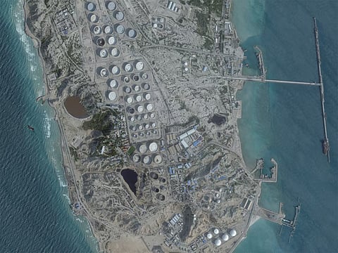 A satellite image shows an oil terminal at Kharg Island, Iran's key oil export facility. The 2026 US-Iran war has lasted for 111 days since it began on February 28, 2026. 
