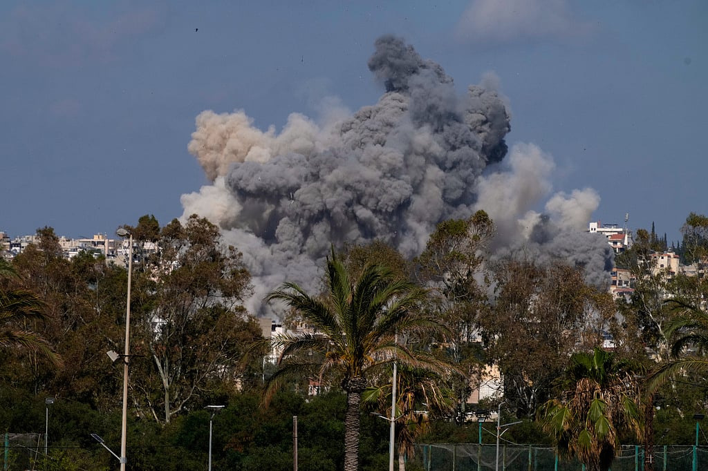 Smoke rises from an Israeli airstrike that hit Burj al-Shamali village near the southern port city of Tyre, Lebanon, Tuesday, June 2, 2026. (AP Photo/Mohammed Zaatari)