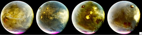 This image provided by NASA shows four-in-one photos of Mars taken by NASA's Maven spacecraft that's been orbiting the red planet since 2014? Maven is no more, NASA just declared it dead. (NASA via AP)