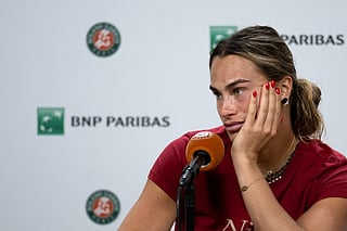 Aryna Sabalenka reacts during a press conference after being defeated by Diana Shnaider during their women's quarter final singles match on day 11 of the French Open tennis tournament on Court Philippe-Chatrier at the Roland-Garros Complex in Paris on June 3, 2026.