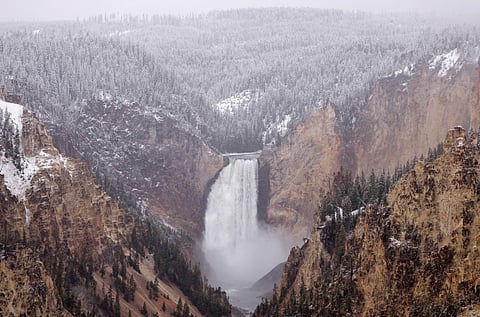 A general view of snowfall and the Lower Falls in Grand Canyon of the Yellowstone on May 21, 2026 in Yellowstone National Park, Wyoming.