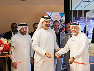 Marwan Abdulaziz Janahi, Senior Vice President of Dubai International Academic City, Dubai Knowledge Park, and Dubai Science Park, part of TECOM Group (second from left), Dr Naji Al Mahdi, Chief of Qualifications and Awards, Knowledge & Human Development Authority (left), and Dr. Eesa Al Bastaki, President, University of Dubai inaugurating Gulf News Edufair, along with senior management of Gulf News 