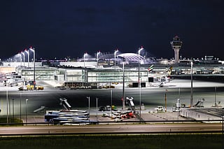 The tower is seen at the Munich International Airport in Munich, southern Germany, on June 7, 2026.