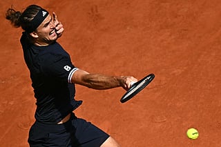 Germany's Alexander Zverev plays a forehand return to Italy's Flavio Cobolli during their men's final singles match on day 15 of the French Open tennis tournament on Court Philippe-Chatrier at the Roland-Garros Complex in Paris on June 7, 2026.