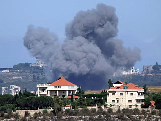 Smoke rises from Israeli bombardment near the village of Mayfadoun as seen from nearby Marjayoun (Marjeyoun) in southern Lebanon.