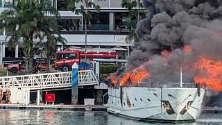 The vessel is engulfed in flames at ONE15 Marina Sentosa Cove in Singapore on Jun 7, 2026.