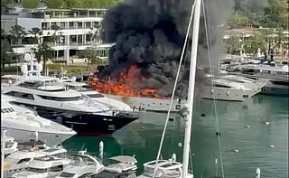 The luxury vessel is engulfed in flames while berthed at ONE°15 Marina Sentosa Cove in Singapore on Jun 7, 2026.