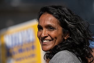 Nithya Raman, a candidate in the Los Angeles mayoral race, smiles during a campaign event discussing tenant protections with renters in Los Angeles, Monday, June 1, 2026. 