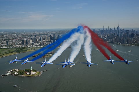 The Patrouille de France conducts a flyover above the Statue of Liberty in New York Harbor in commemoration of the 250th anniversary of American independence, in New York City, on June 9, 2026.