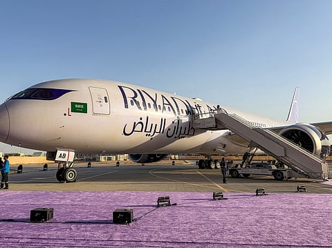 A Boeing 787-9 Dreamliner aircraft of Saudi airline Riyadh Air is pictured on the tarmac at King Khalid International Airport in Riyadh  