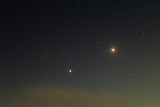 The  Venus-Jupiter conjunction puts on a celestial free show, peaking on June 8 and 9, 2026. These two brightest planets in the solar system appear extremely close "together" in the western night sky — apart by just 1.5 to 1.6 degrees of separation. A capture of the Venus-Jupiter conjunction taken on June 8, 2026 by Ivica Zajac.