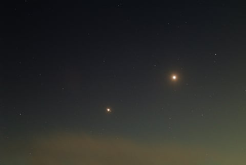 The  Venus-Jupiter conjunction puts on a celestial free show, peaking on June 8 and 9, 2026. These two brightest planets in the solar system appear extremely close "together" in the western night sky — apart by just 1.5 to 1.6 degrees of separation. A capture of the Venus-Jupiter conjunction taken on June 8, 2026 by Ivica Zajac.