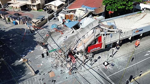 A drone view shows a collapsed building after a magnitude 7.8 quake in General Santos, Mindanao Island, Philippines, June 8, 2026.