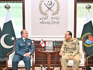 Pakistan's Army Chief and Field Marshal Syed Asim Munir (R) speaking with General Rodolphe Haykal, Commander-in-Chief of the Lebanese Armed Forces during their meeting in Rawalpindi.