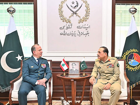 Pakistan's Army Chief and Field Marshal Syed Asim Munir (R) speaking with General Rodolphe Haykal, Commander-in-Chief of the Lebanese Armed Forces during their meeting in Rawalpindi.