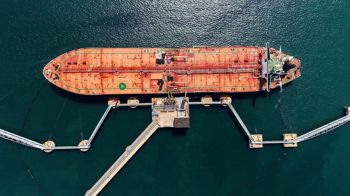This aerial photo shows a tanker unloading imported crude oil at a terminal port in Qingdao, in China’s eastern Shandong province on June 9, 2026.