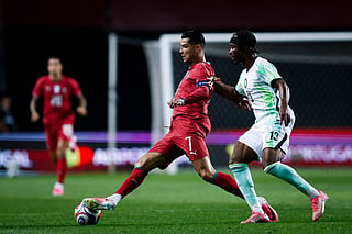 Portugal's forward #07 Cristiano Ronaldo fights for the ball with Nigeria's defender #13 Bruno Onyemaechi during the international friendly football match between Portugal and Nigeria at Magalhaes Pessoa Stadium in Leiria, on June 10, 2026.