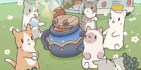 Cats and Soup is an idle game in which you place different cats in a forest kitchen, watch them chop vegetables and stir pots, and gradually expand your operation by unlocking new recipes, stations and decorations.