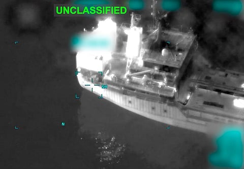 A visual of the commercial vessel MT Jalveer, with Indian seafarers reportedly on board, attacked off the coast of Oman near the Shinas Port, on Thursday. Casualties feared and further details awaited. 
