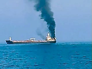 A visual of the commercial vessel MT Jalveer, with Indian seafarers reportedly on board, attacked off the coast of Oman near the Shinas Port, on Thursday. Casualties feared and further details awaited. 