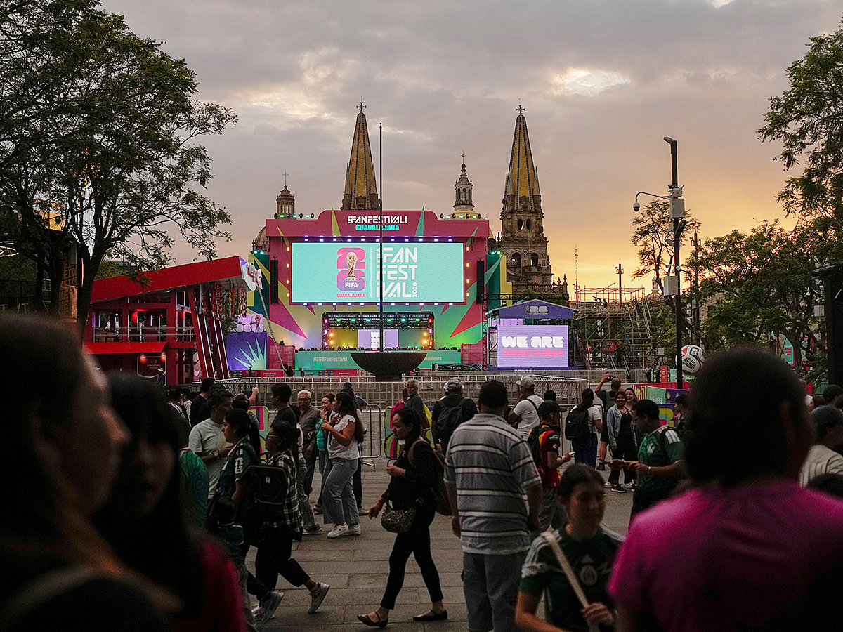 People gather near the stage at a FIFA World Cup fan festival in Guadalajara, Mexico, Wednesday, June 10, 2026. 