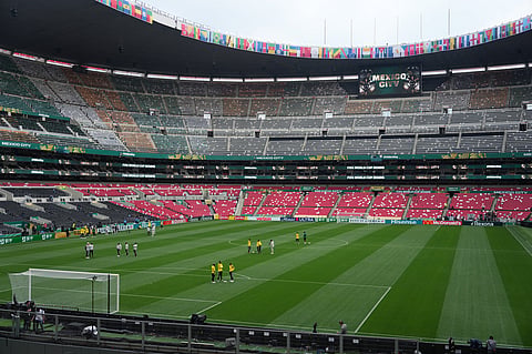 Playes of South Africa visit the stadium in Mexico City, Wednesday, June 10, 2026, a day before their opening FIFA World Cup match against Mexico. (AP Photo/Eduardo Verdugo)