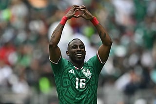 Mexico's forward #16 Julian Quinones celebrates scoring his team's first goal during the 2026 World Cup Group A football match between Mexico and South Africa at the Mexico City Stadium in Mexico City on June 11, 2026.